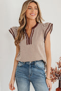 Black Stripe Double Ruffled Short Sleeve V Neck Blouse