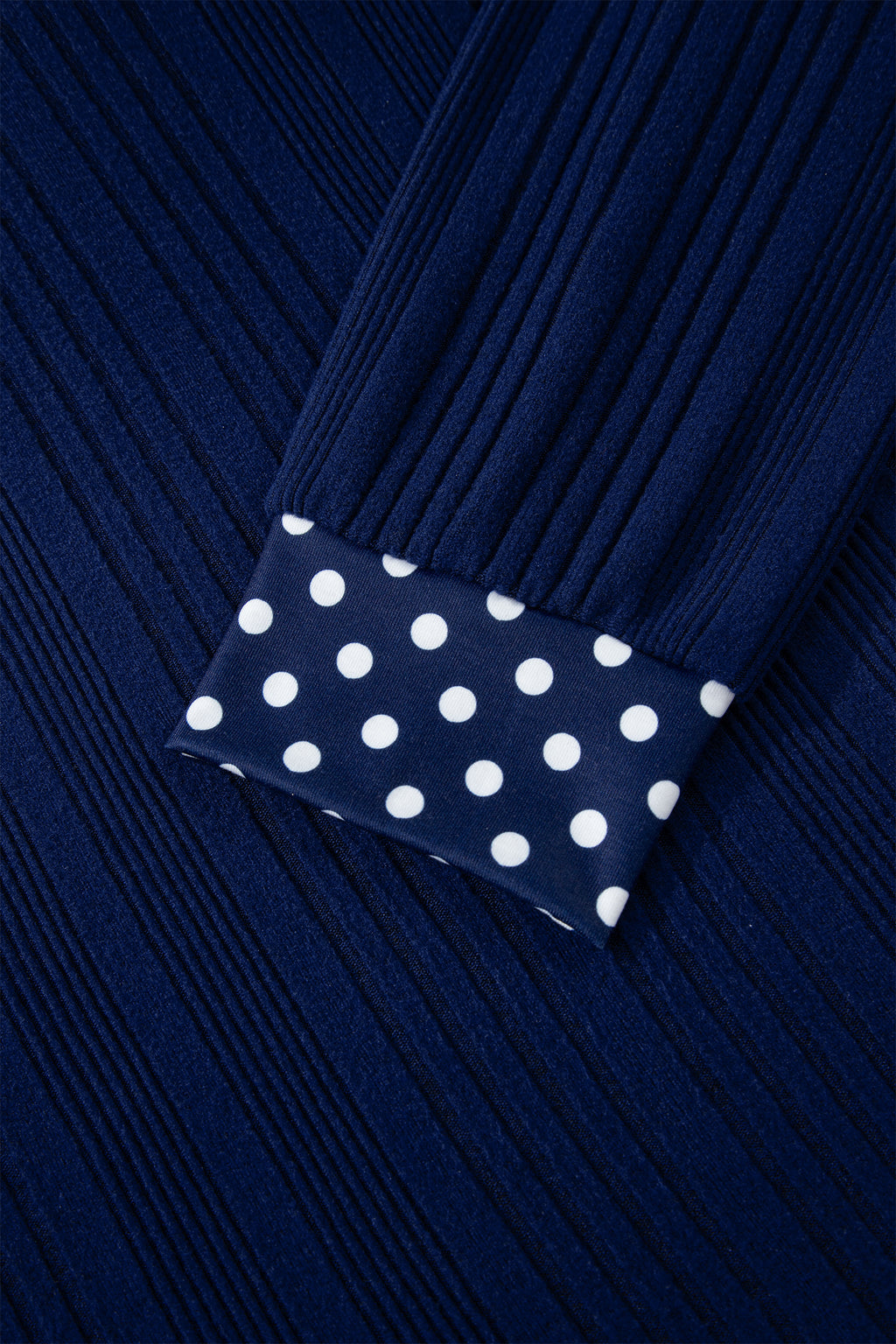 Blue Polka Dot Trimmed V Neck Bow Tie Textured Ribbed Top