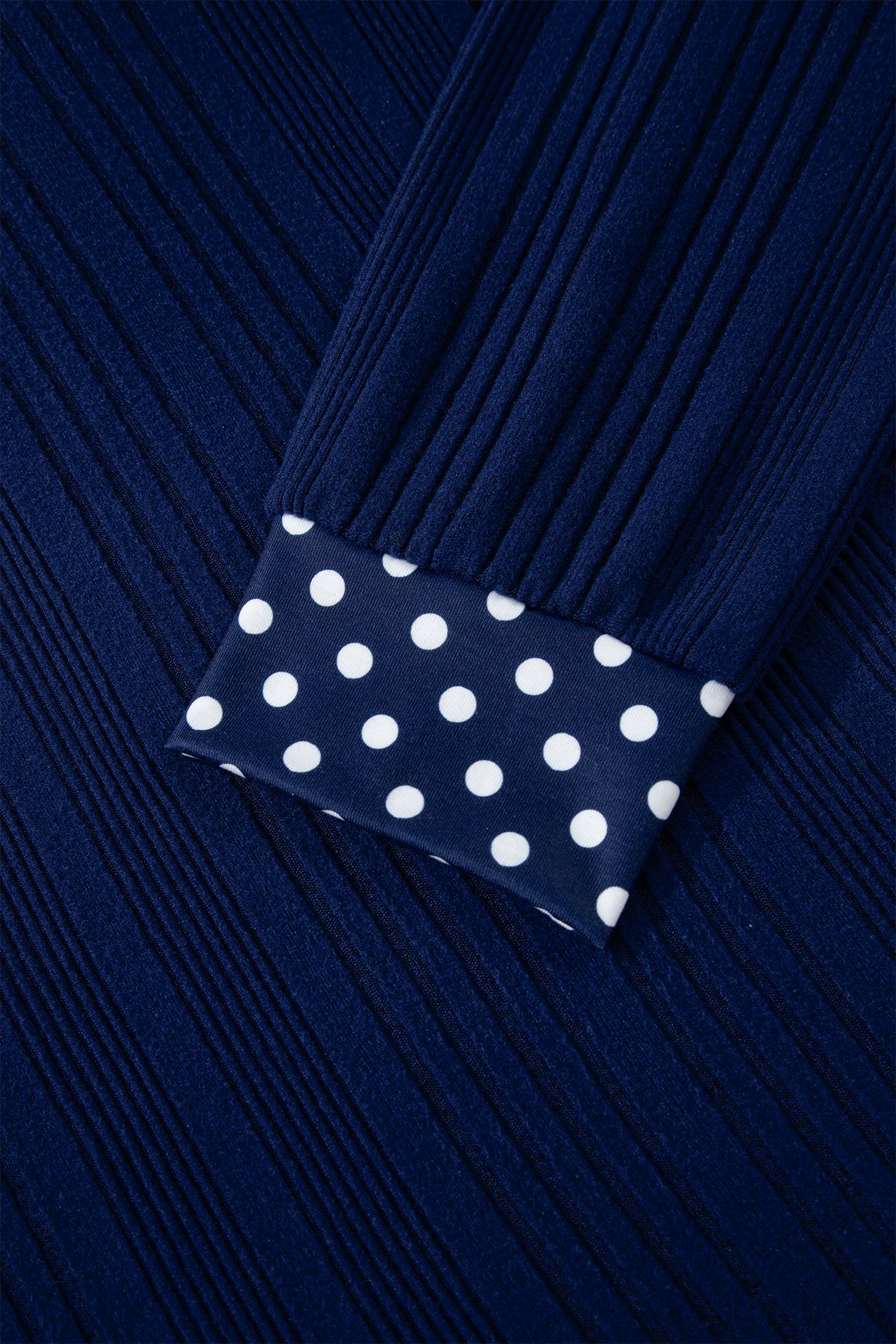 Blue Polka Dot Trimmed V Neck Bow Tie Textured Ribbed Top
