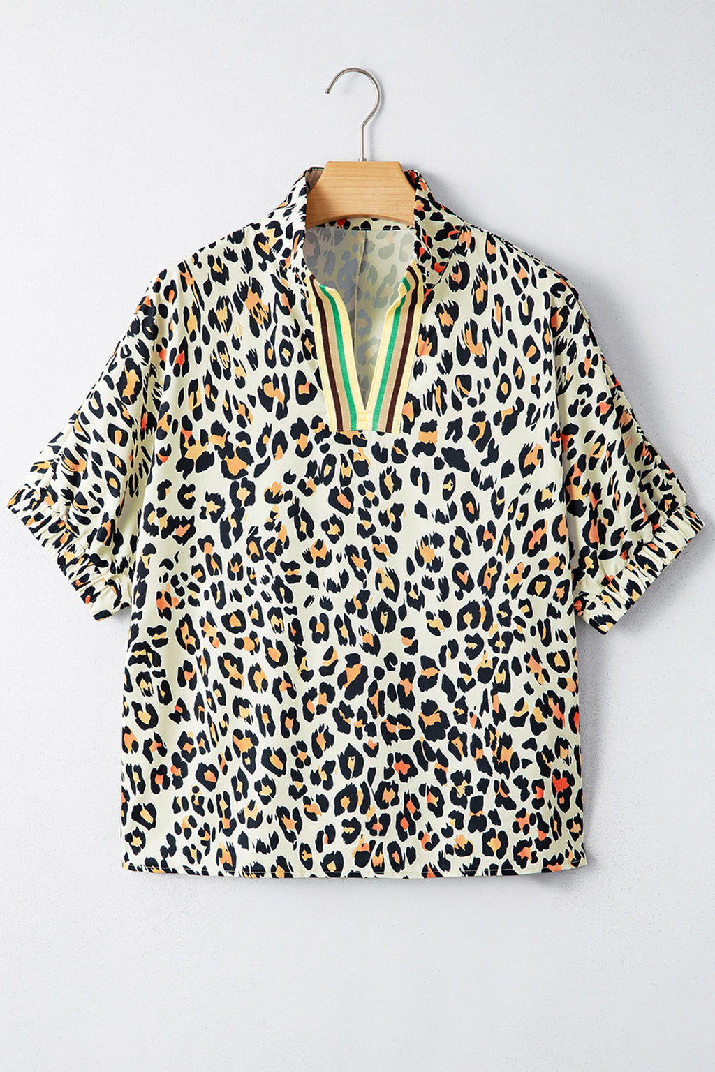 Sky Blue Leopard Color Block Contrast Striped V Neck Half Sleeve Loose Fit Blouse