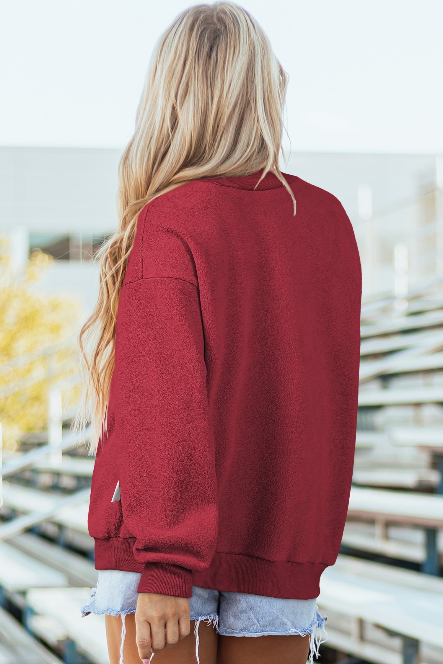 Red Dahlia Oversize Drop Shoulder Reversible Mock Neck Sweatshirt