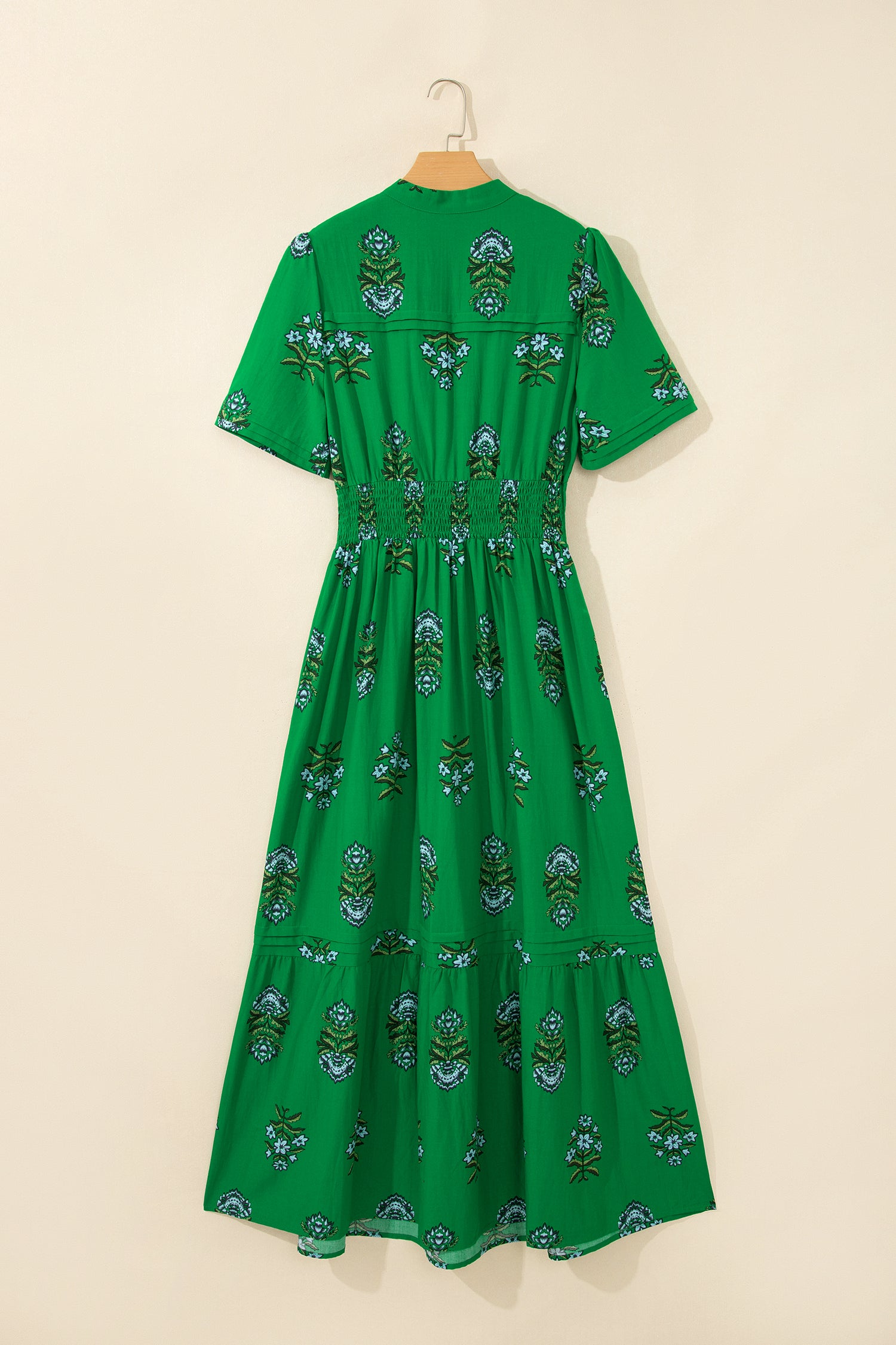 Green Floral Print Split Neck Shirred High Waist Ruffle Hem Maxi Dress