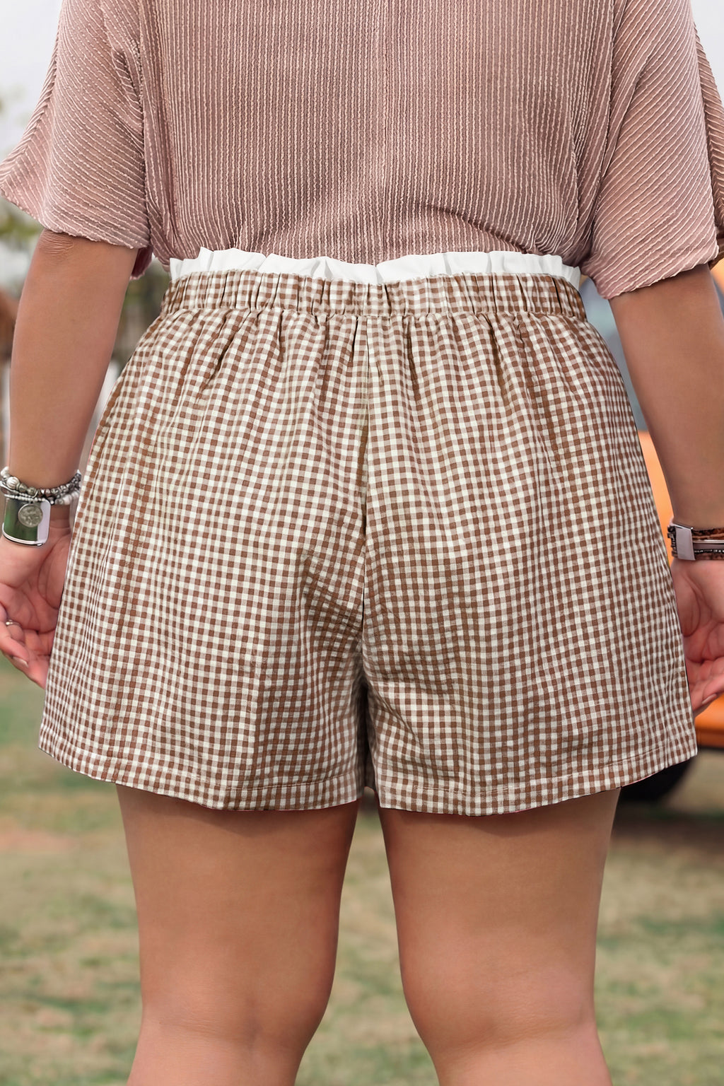 Black Contrast Trim Plaid Print Plus Size Shorts