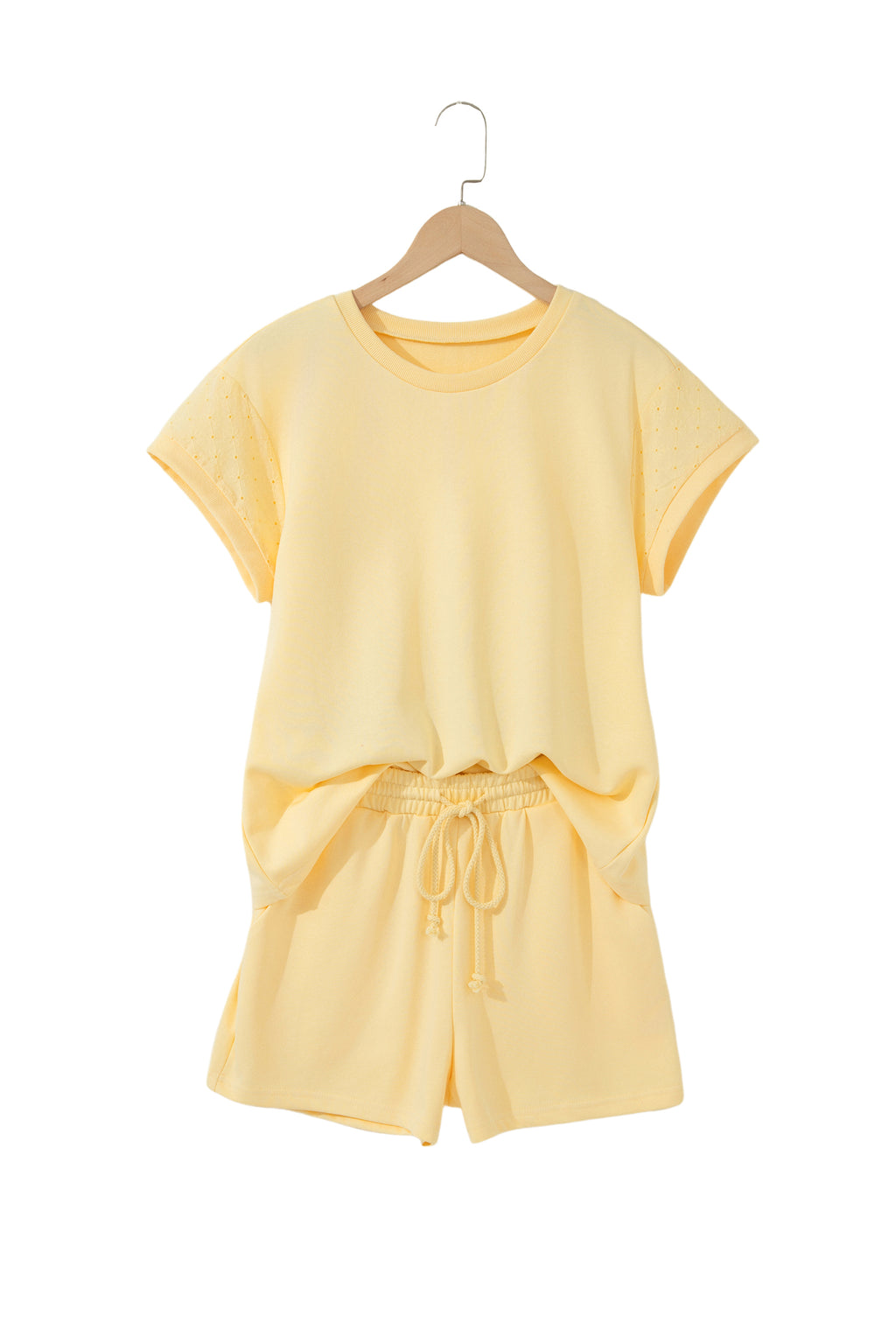 Yellow Eyelet Lace Patchwork Sleeve Short 2pcs Outfit