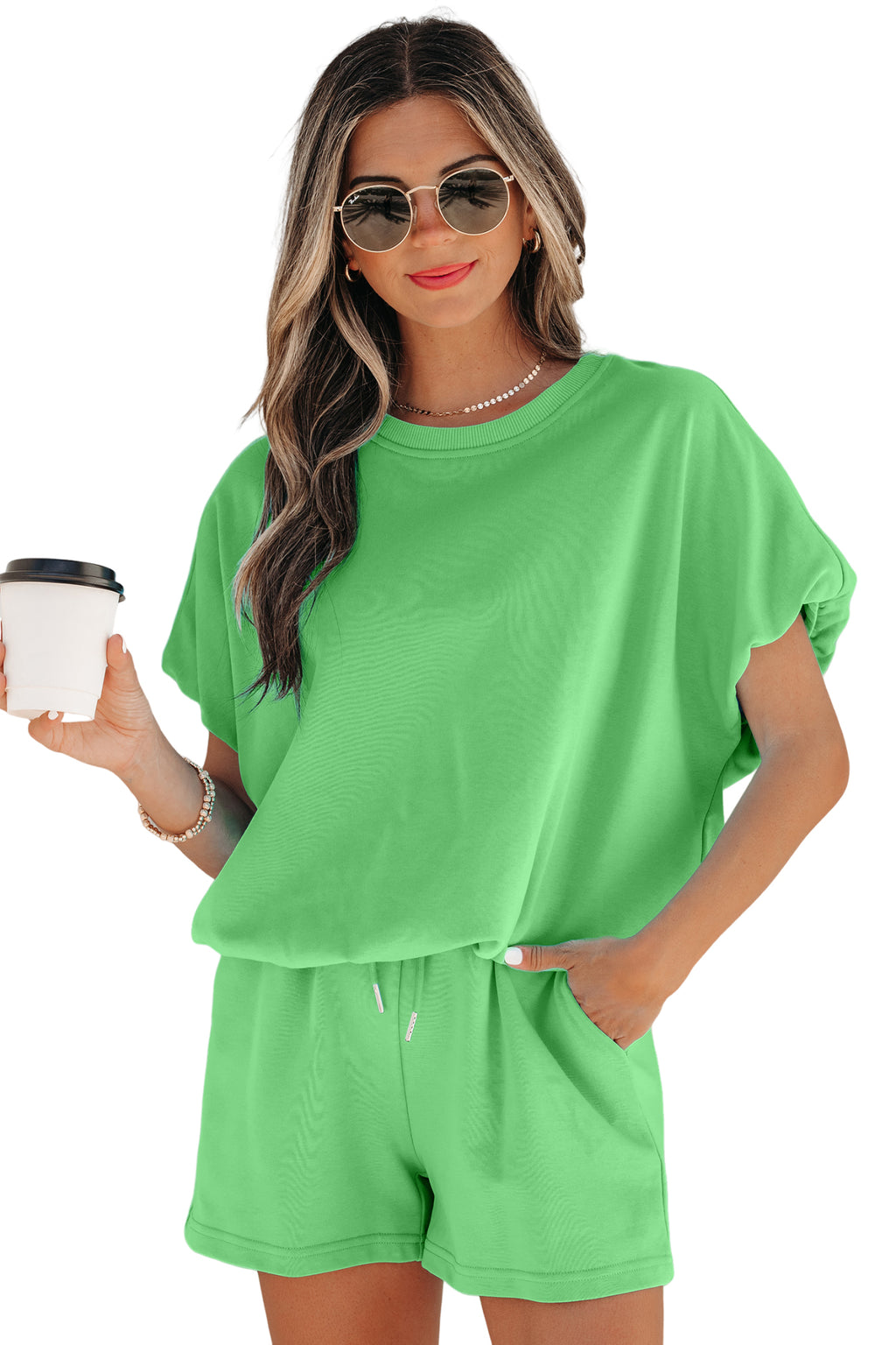Light Blue Solid Color Puffy Loose Top Drawstring Shorts 2pcs Outfit
