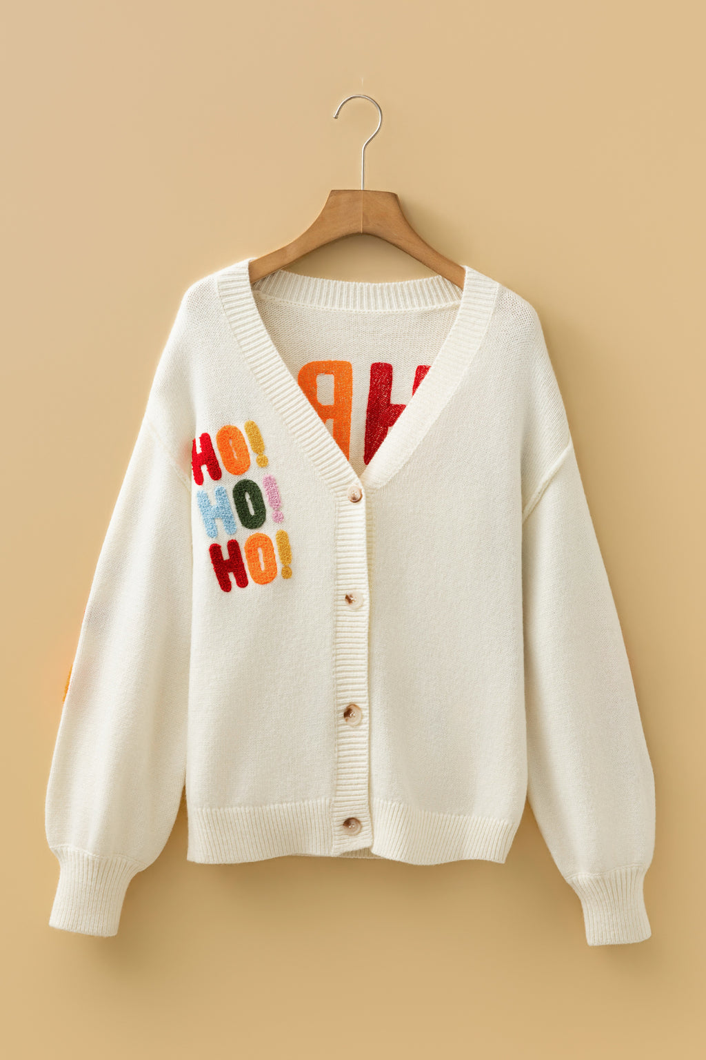 White Ho Ho Ho Slogan V Neck Button Front Embroidered Knit Cardigan