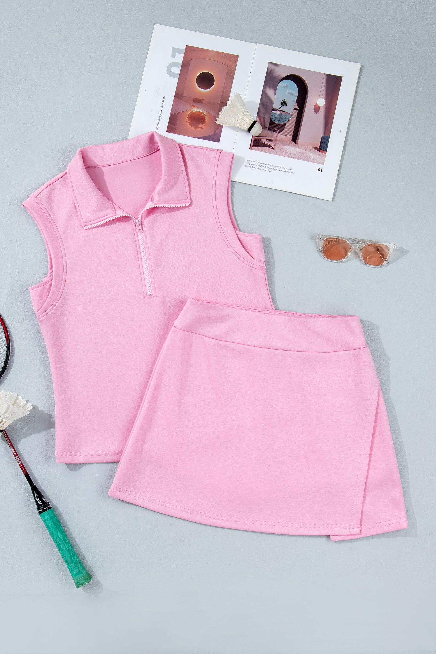 Light Grey Solid Color Sleeveless Zipper Tank and Skort Set