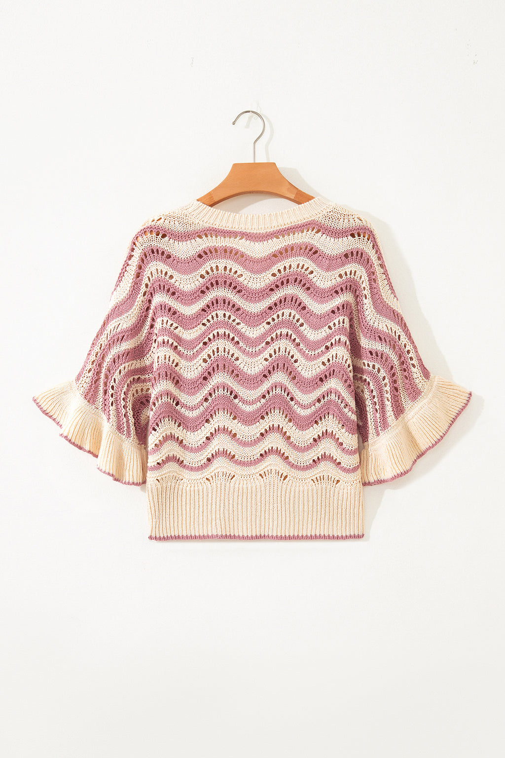 Black Stripe Wavy Crochet Eyelet Detail Ruffle Half Sleeve Sweater