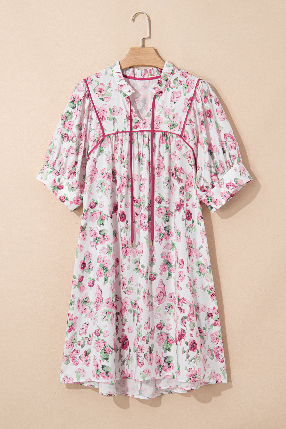 Pink Floral Split Neck Short Sleeve Loose Plus Size Mini Dress