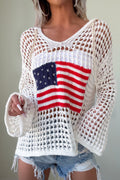 Beau Blue Hollow Out Crochet Knit American Flag Patched Sweater Hoodie