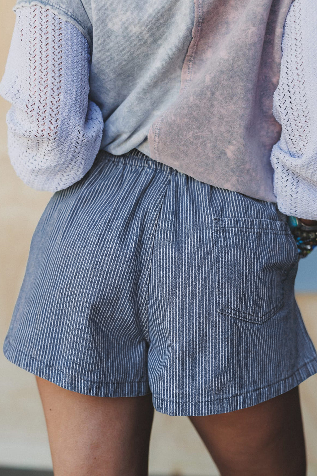 Sky Blue Stripe Drawstring Elastic Waist Casual Denim Shorts