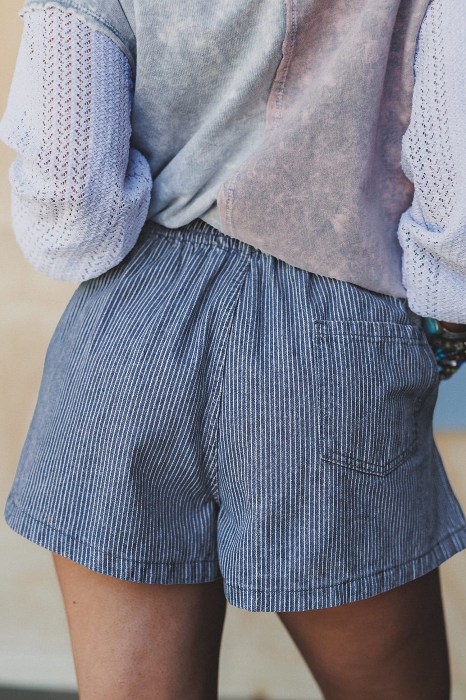 Sky Blue Stripe Drawstring Elastic Waist Casual Denim Shorts