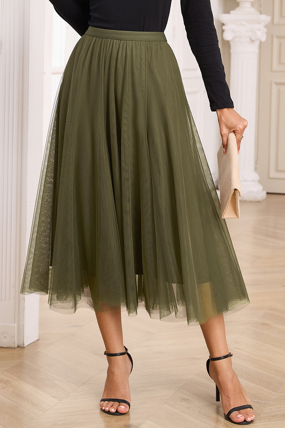 Apricot Tulle Mesh Overlay Flared Midi Skirt