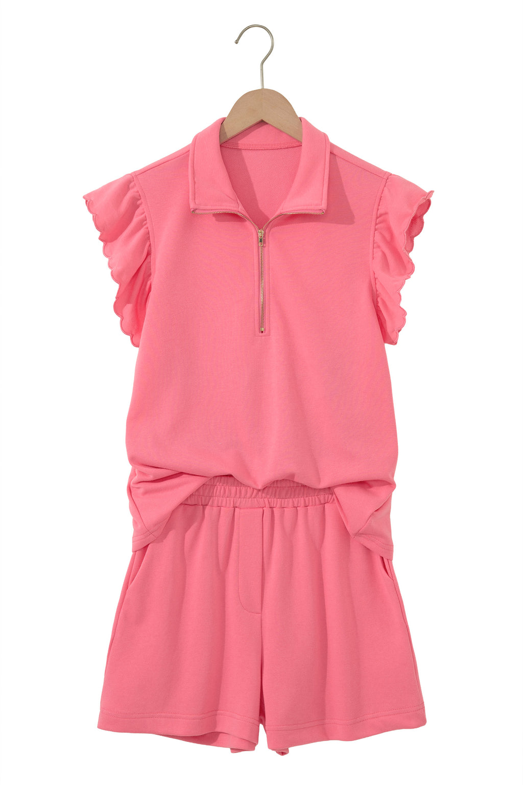 Sky Blue Half Zipped Ruffled Short Set