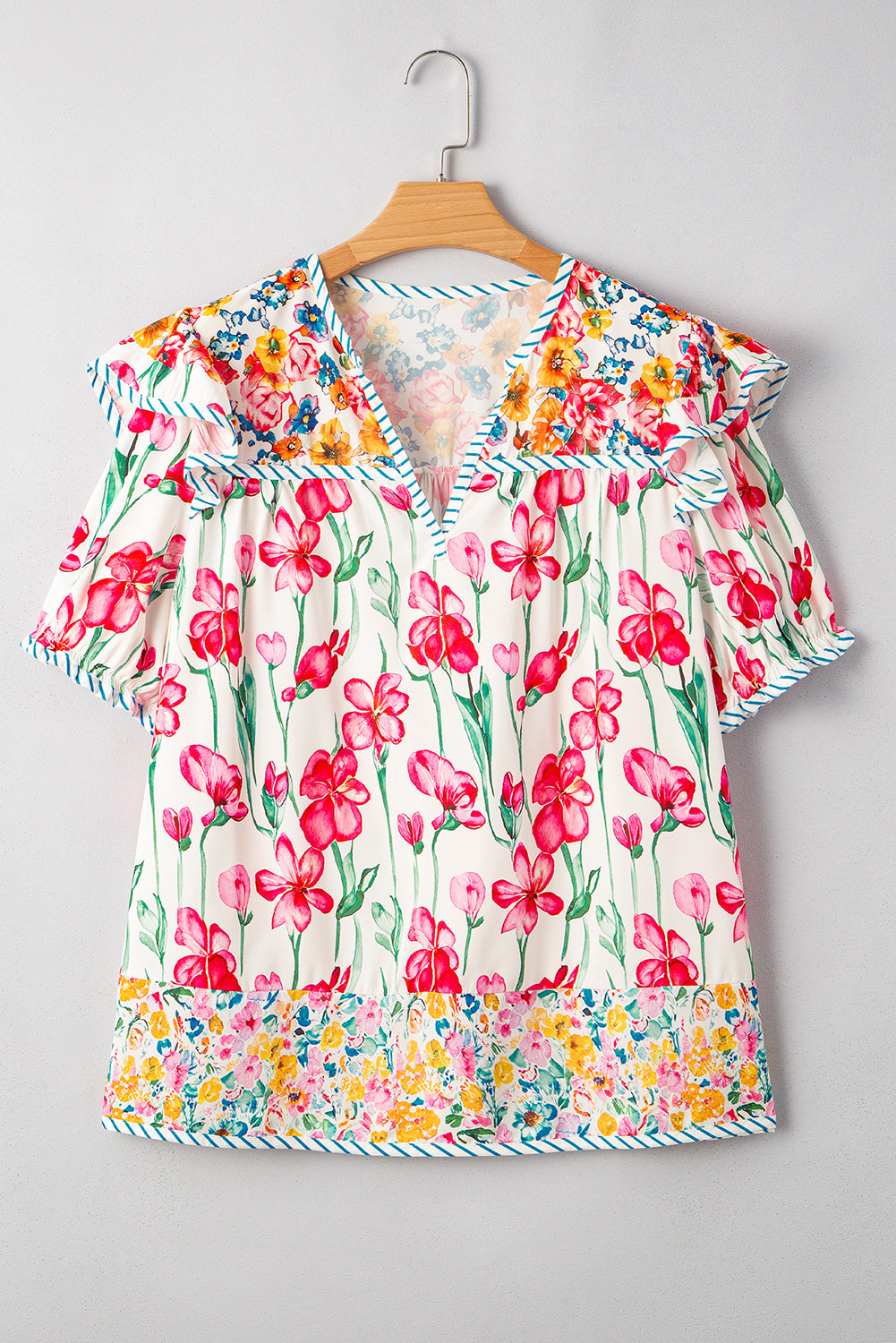 Pink Plus Size Floral Print Striped Trim V Neck Blouse
