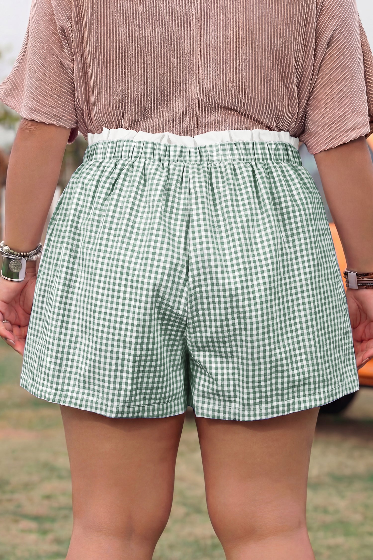 Black Contrast Trim Plaid Print Plus Size Shorts