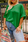 Bright Pink Seamed Back High Low Hem V Neck Cuffed Sleeve Plus Size Tee