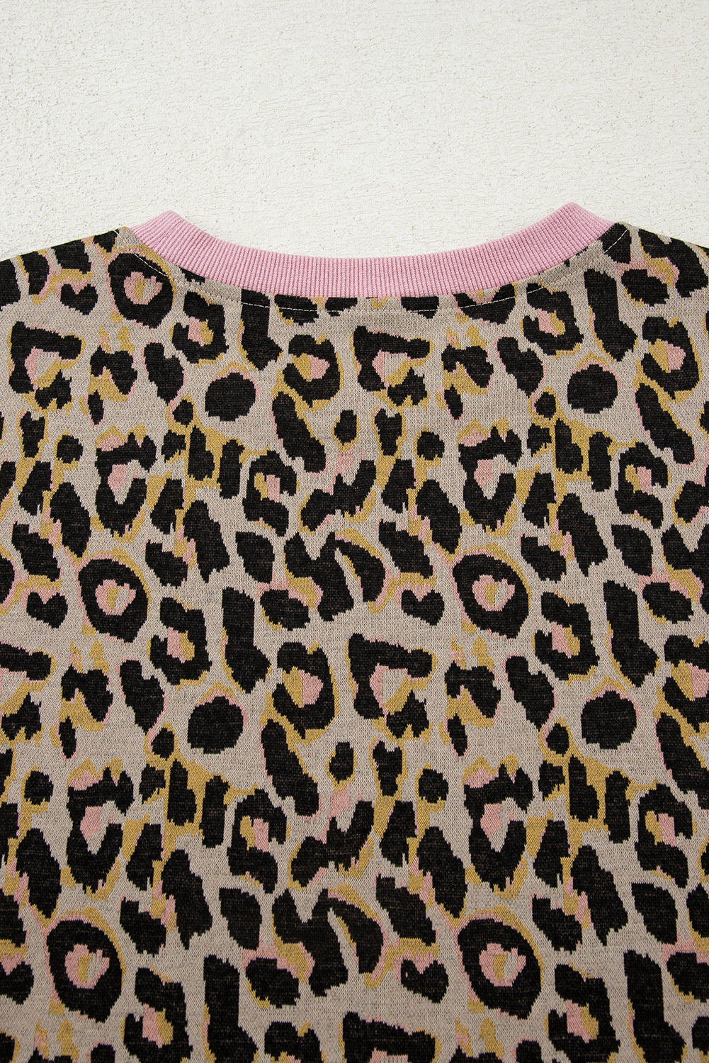 Pink Leopard Print Contrast Edge Long Sleeve Pullover Shorts Set