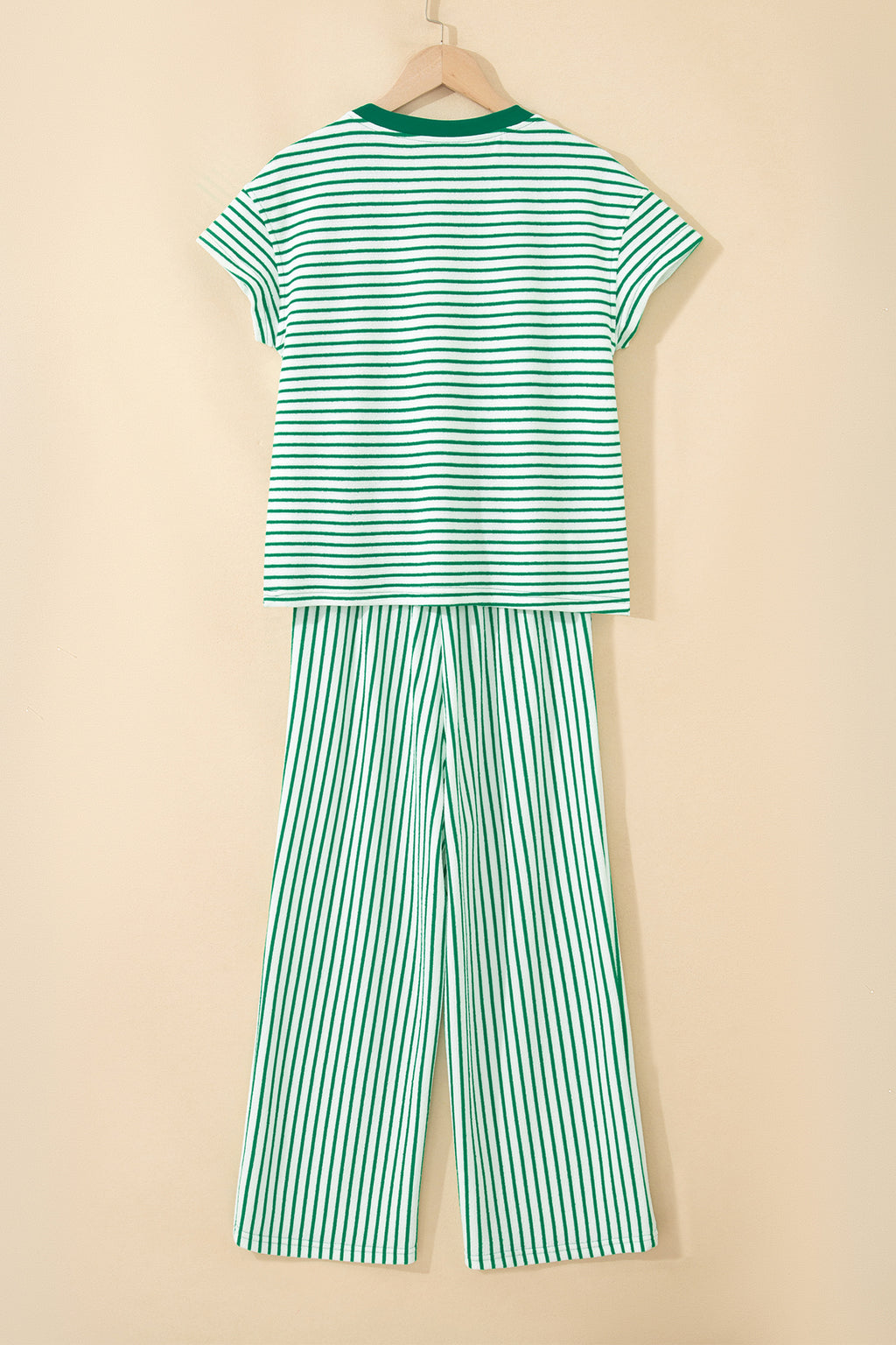 Sky Blue Stripe Crew Neck Tee Drawstring Waist Cropped Pants Set