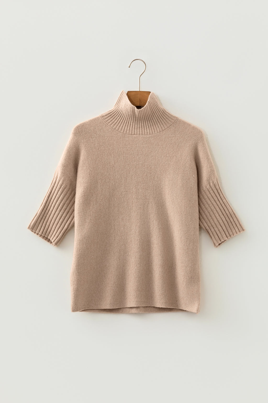 Beige High Neck Short Sleeve Knit Top Regular Wash Casual Style Sweater