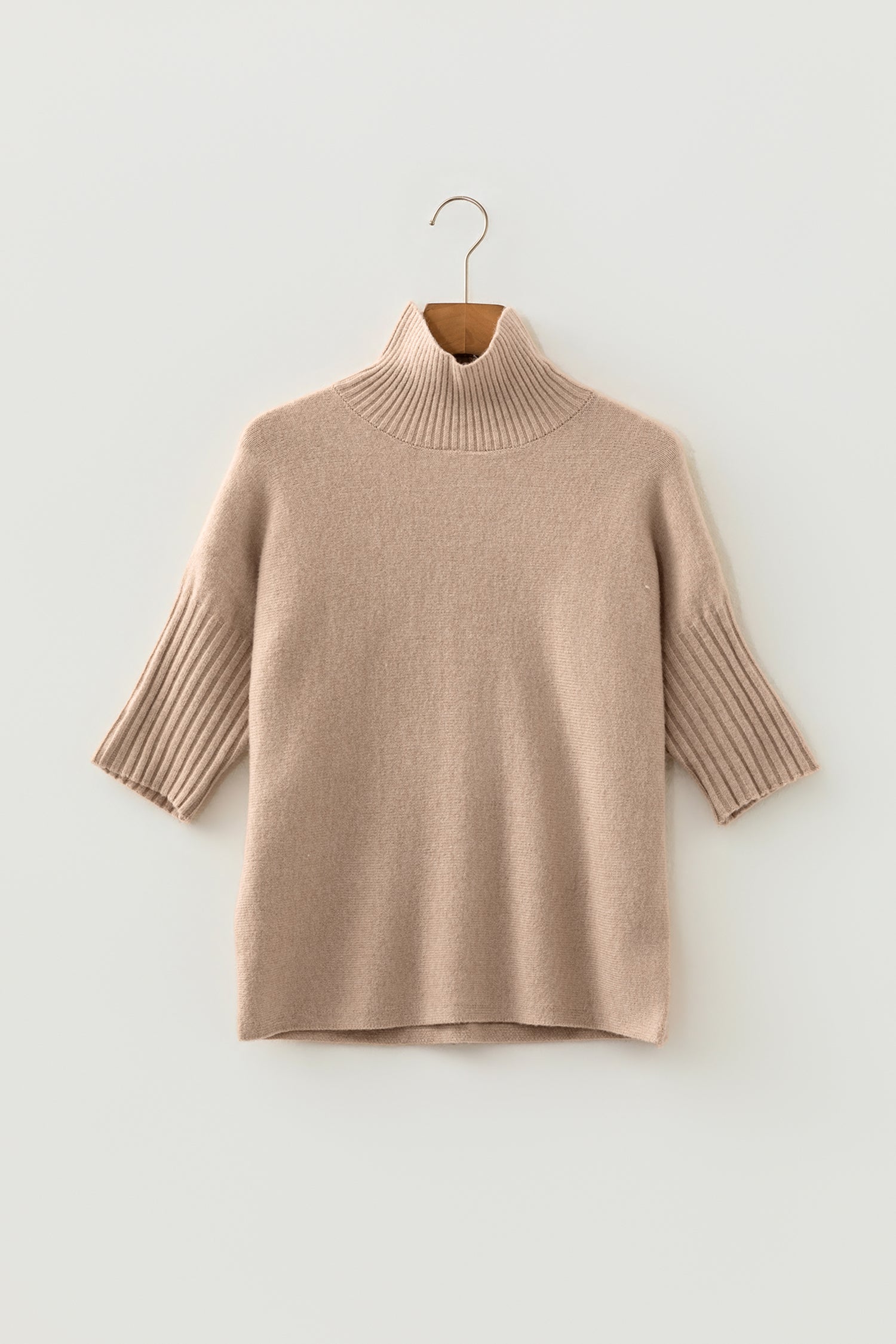 Beige High Neck Short Sleeve Knit Top Regular Wash Casual Style Sweater