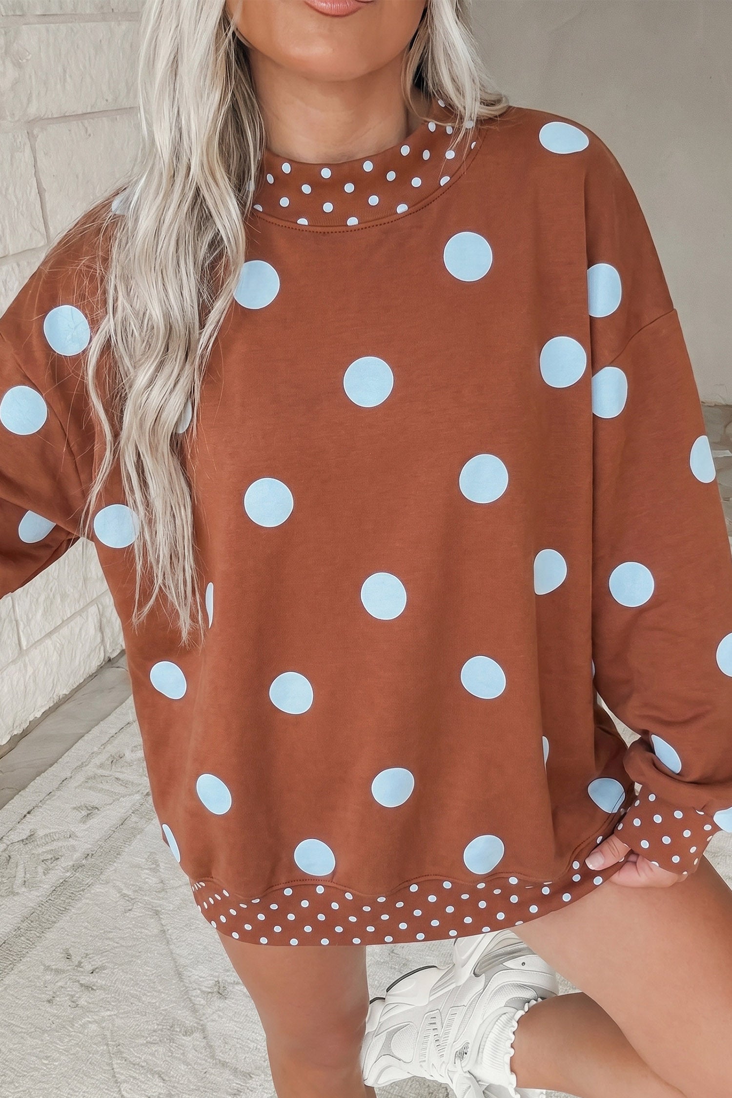 Red Polka Dot Print Contrast Detail Oversized Tunic Sweatshirt