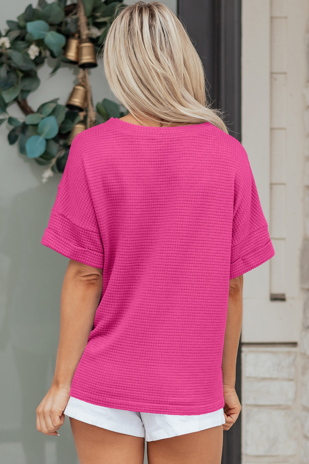 Wisteria Waffle V Neck Short Sleeve Knit Top