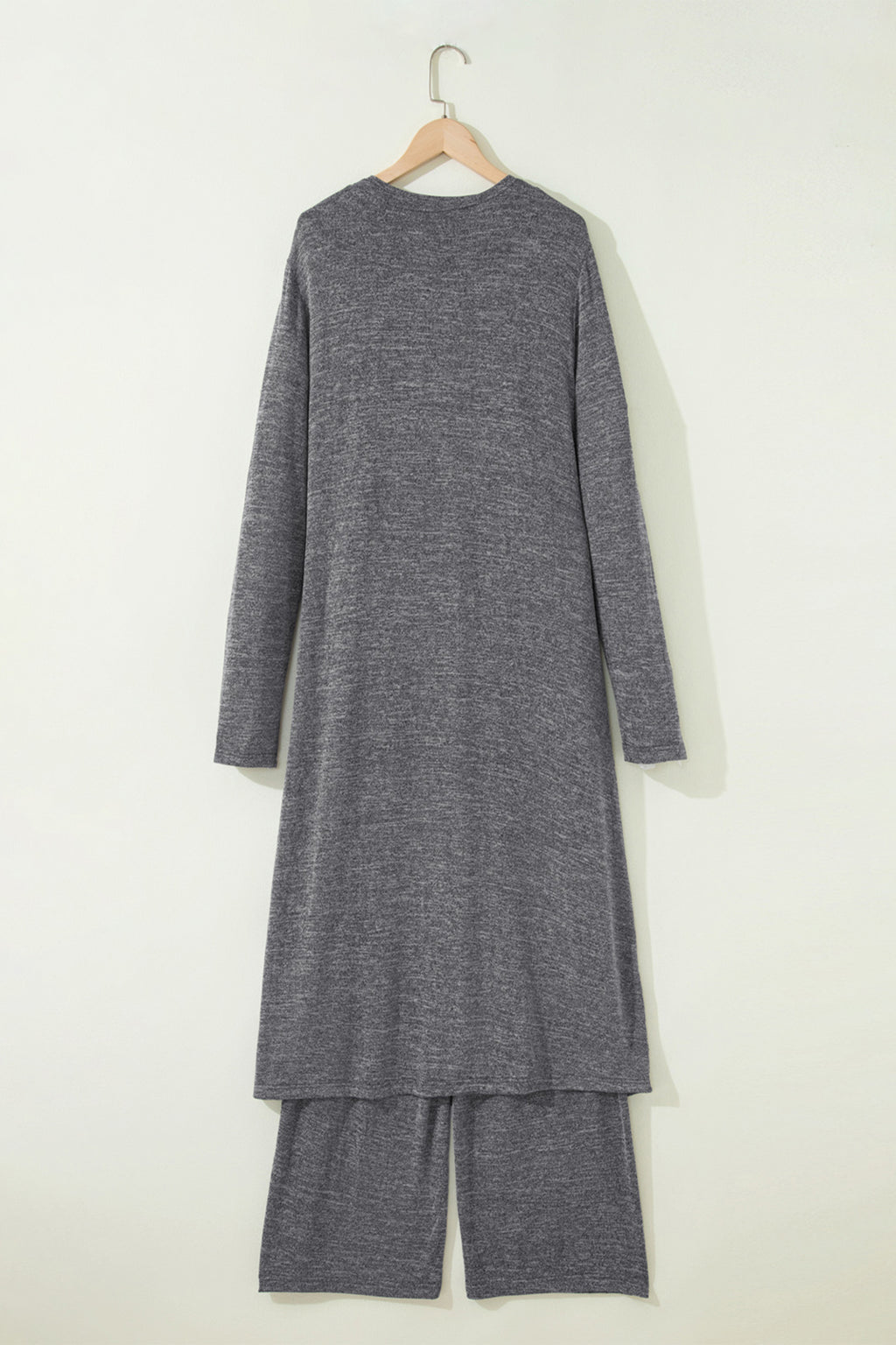 Dark Grey 3pcs V Neck T Shirt Ribbon Knot Pants Open Duster 3pcs Lounge Set