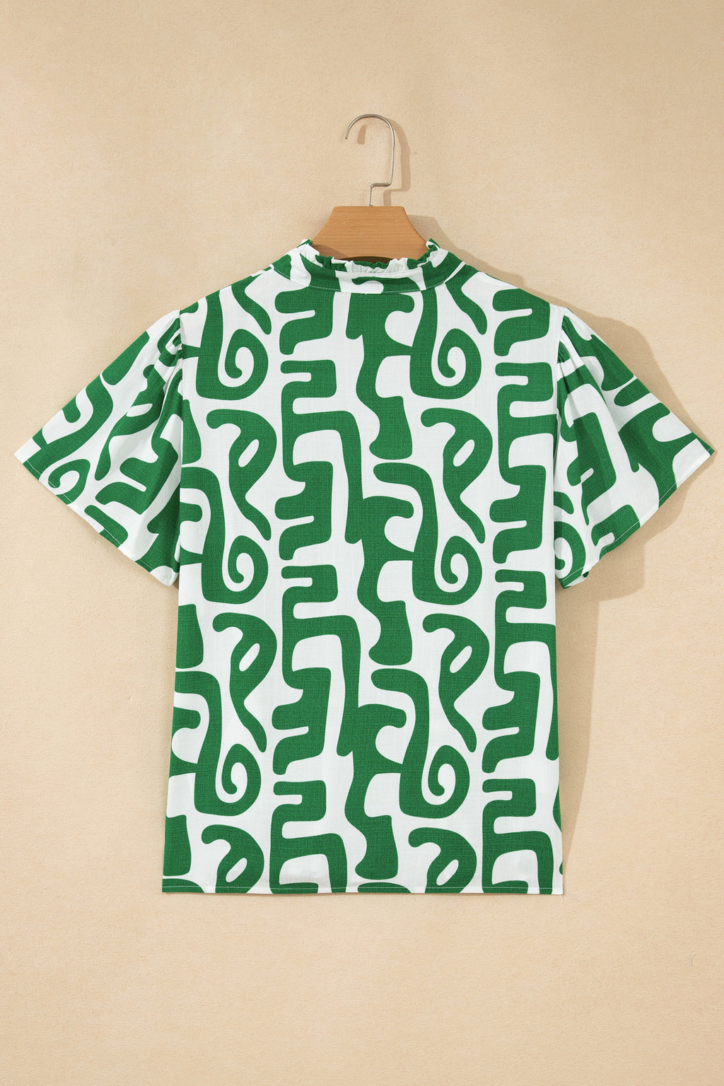 Green Abstract Print Striped Trim V Neck Short Sleeve Blouse