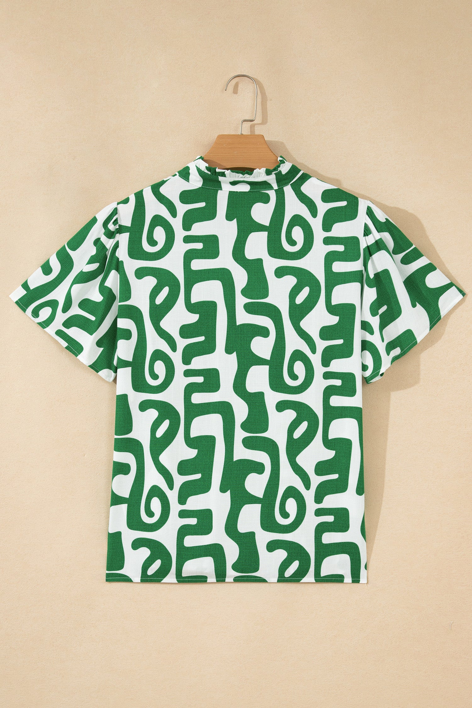 Green Abstract Print Striped Trim V Neck Short Sleeve Blouse