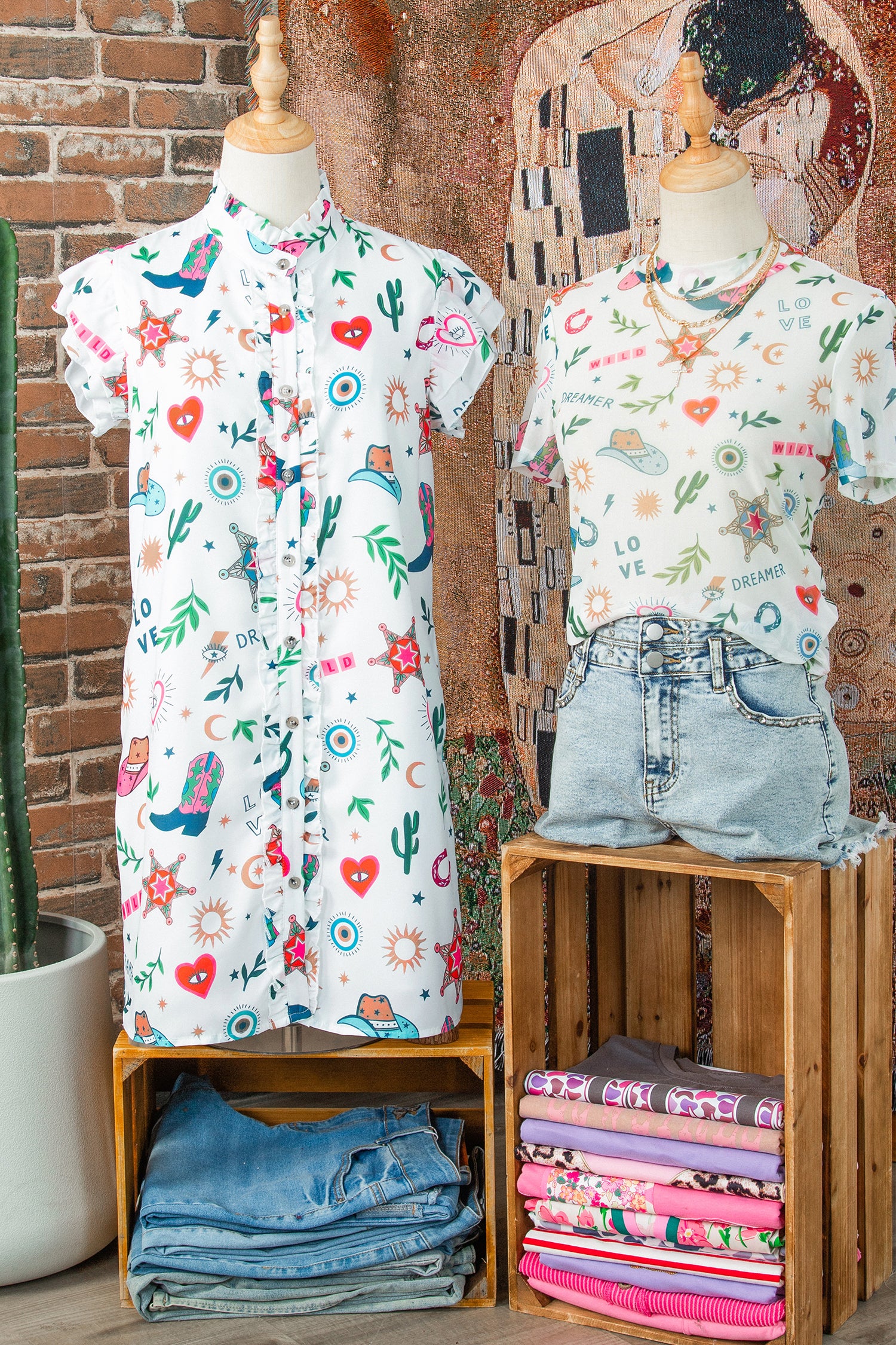 White Western Print Flutter Sleeve Button Down Mini Dress