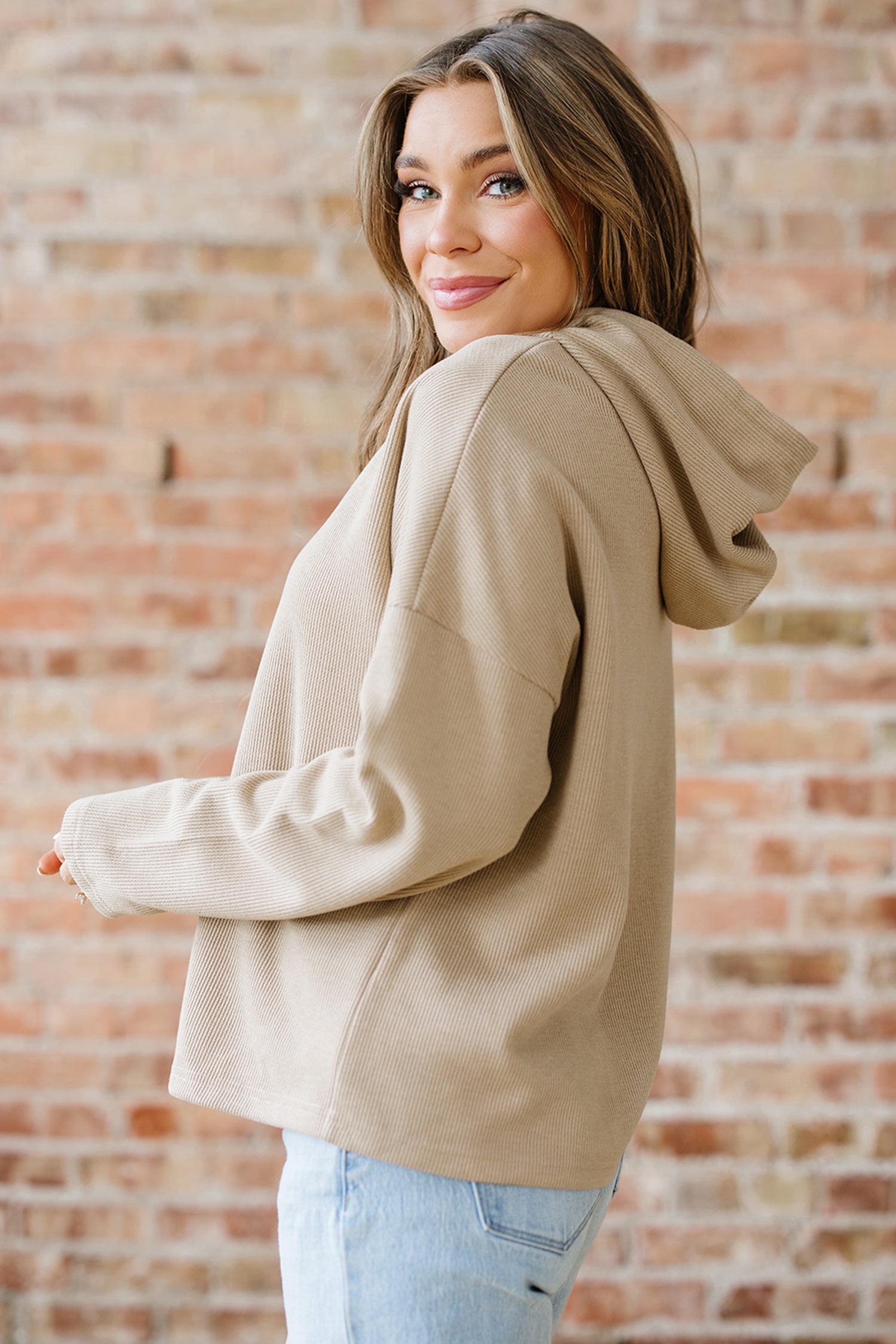 Rose Tan Thermal Textured Lace Drawstring Baggy Hoodie