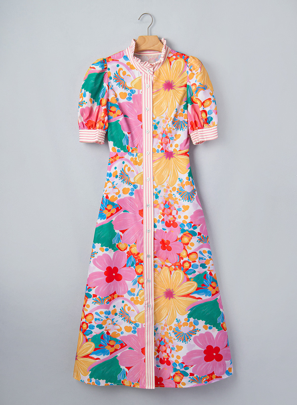 Green Stripe Floral Print Striped Trim Button Down Short Sleeve Vacation Dress