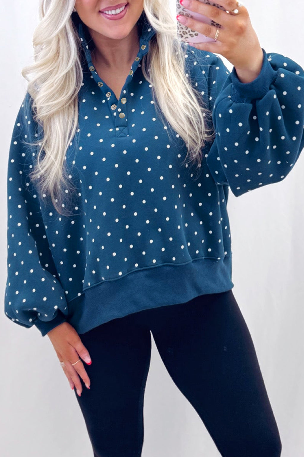 Red Polka Dot Print Metal Button Collar Casual Pullover Sweatshirt