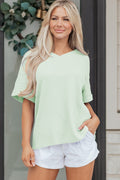 Wisteria Waffle V Neck Short Sleeve Knit Top