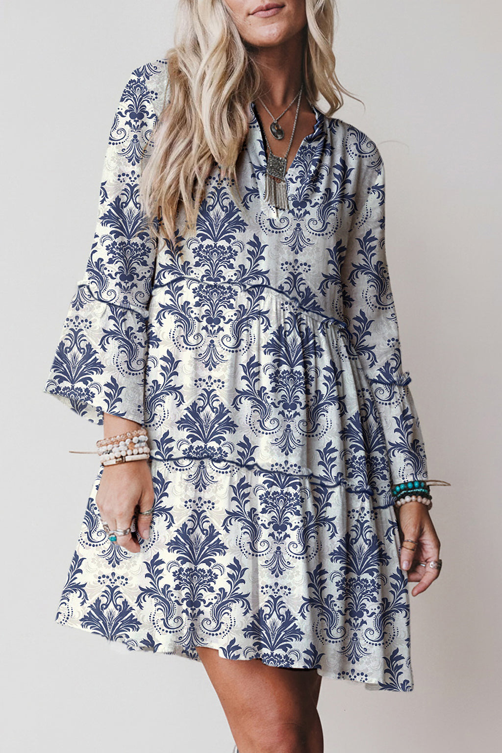 Red Boho Floral Print Lettuce Trim 3/4 Sleeve Mini Dress