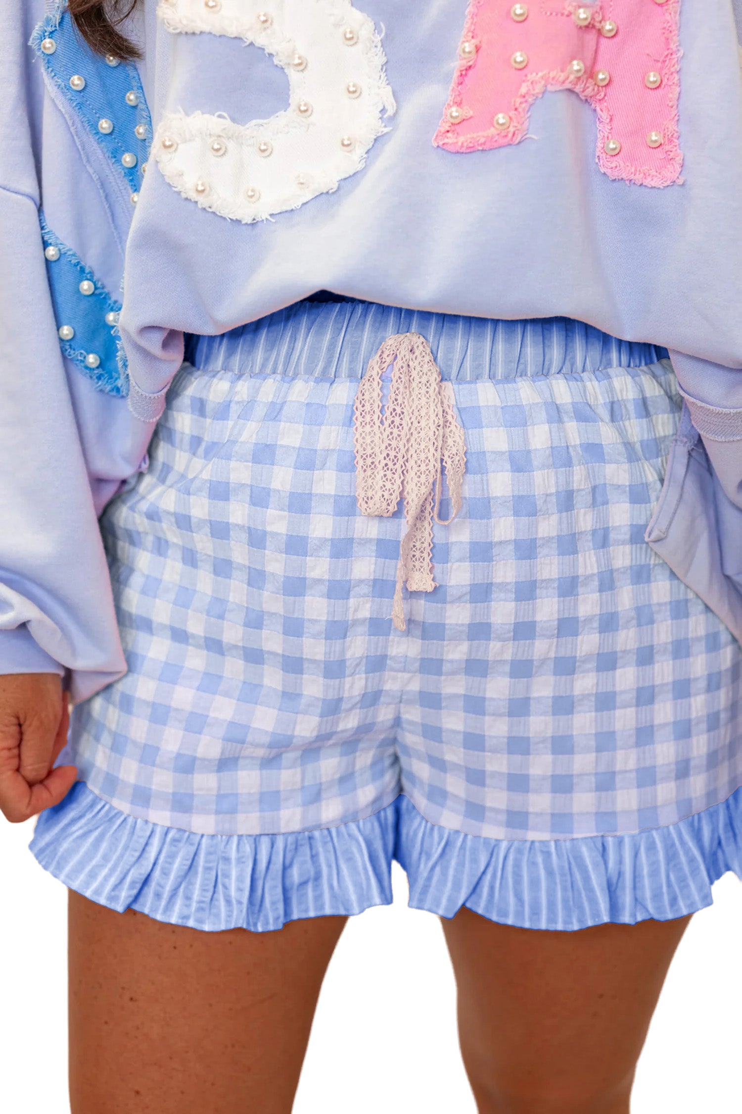 Red Gingham Print Ruffle Striped Detail Lace Tie Shorts