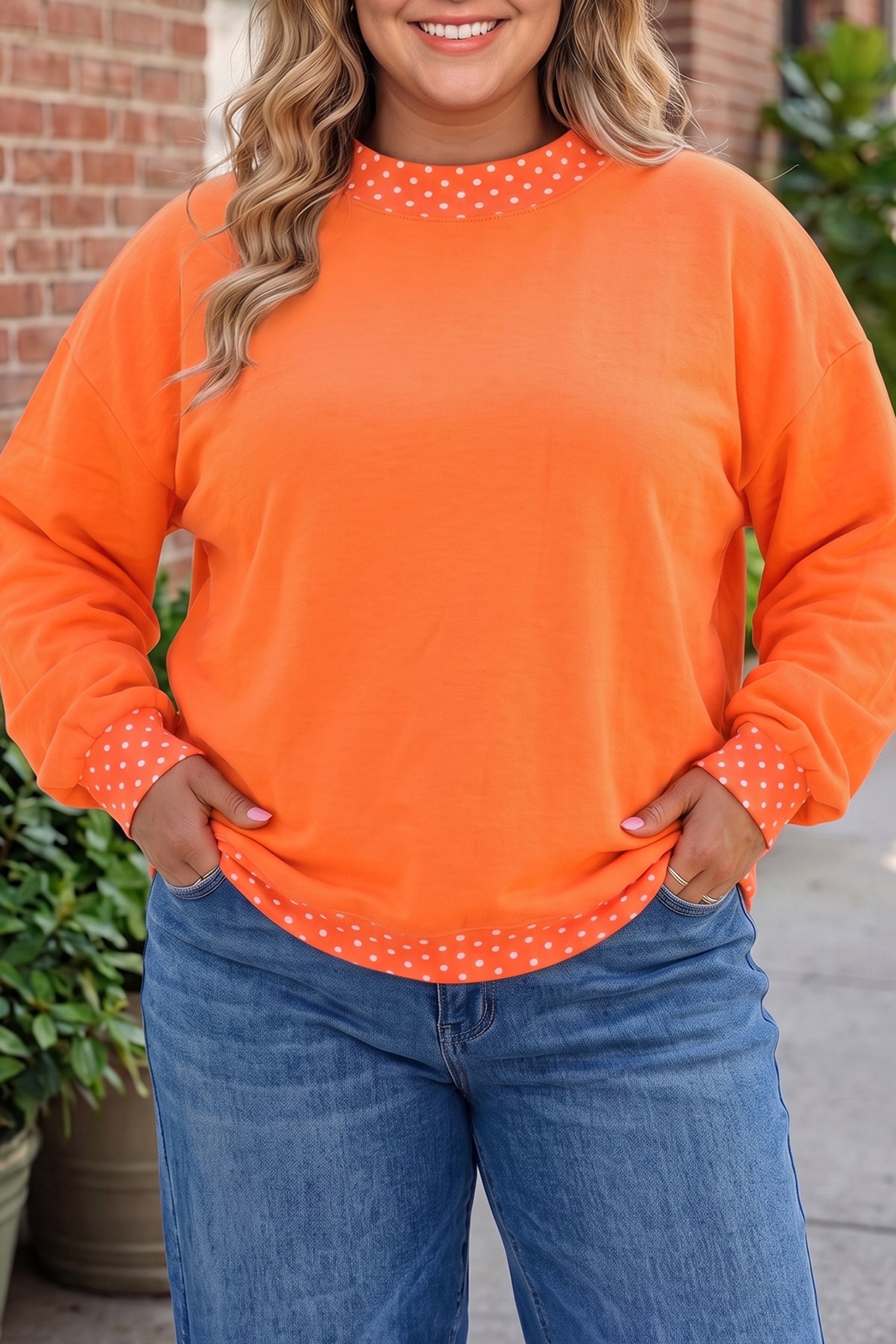 Dark Green Polka Dot Patchwork Round Neck Plus Size Sweatshirt