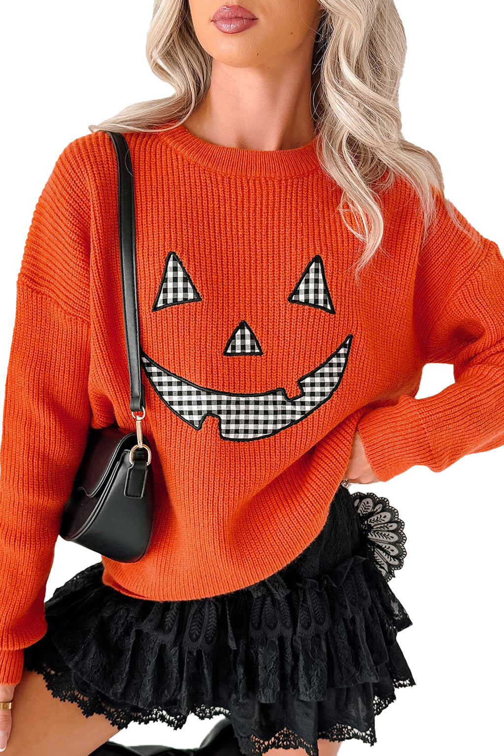 Orange Drop Shoulder Long Sleeve Round Neck Halloween Sweater