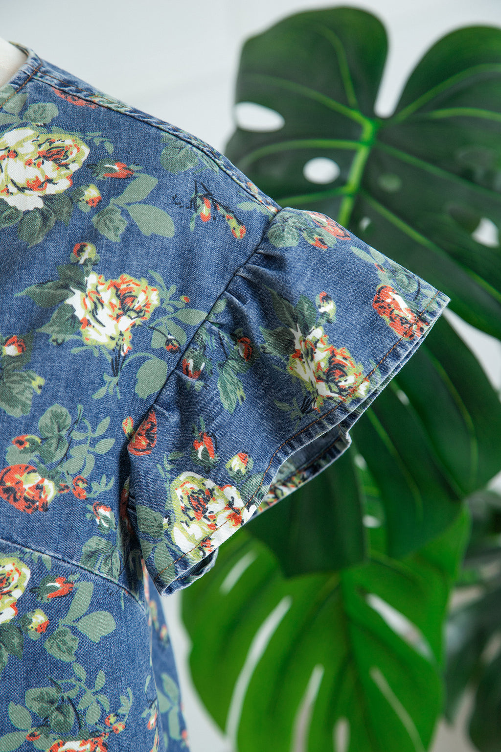 Ashleigh Blue Ruffled Short Sleeve Floral Denim Top