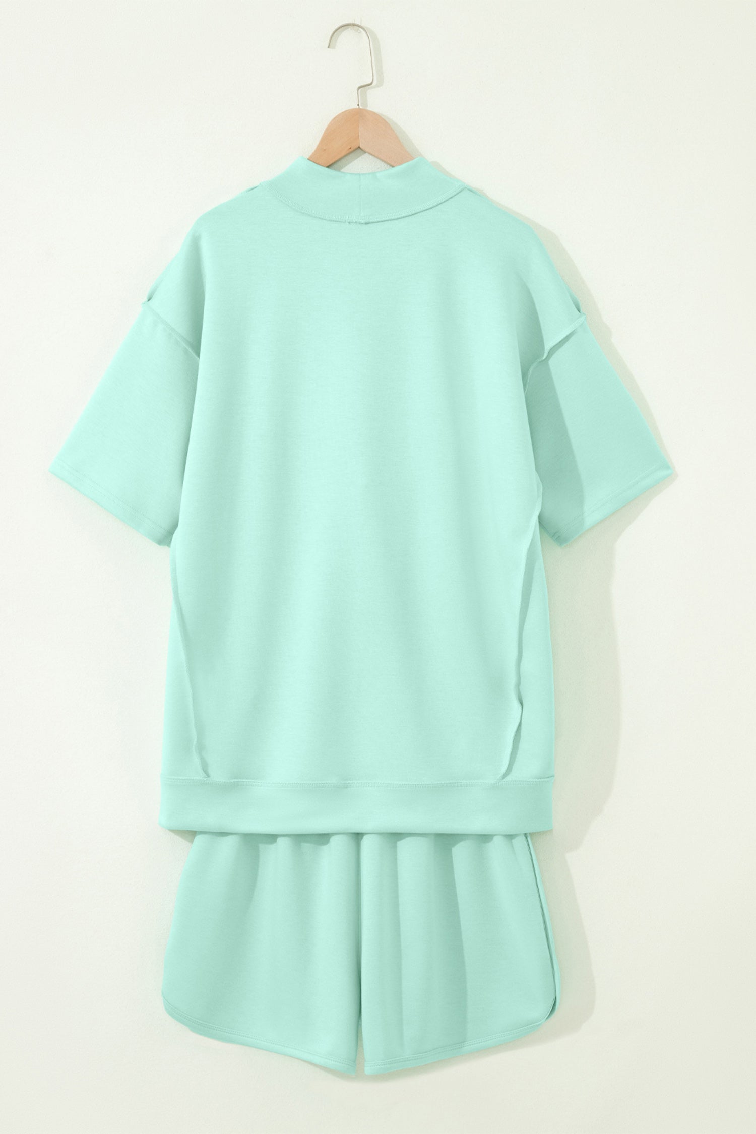 Yellow Cream Solid Color Exposed Seam Mock Neck Oversize Tee Casual Shorts 2pcs Outfit