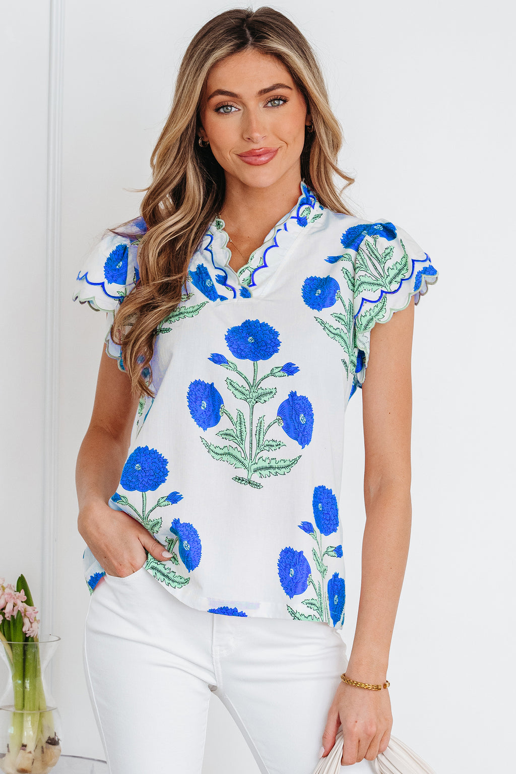Pink Wild Flower Print Contrast Trim Scallop Detail Short Sleeve Blouse