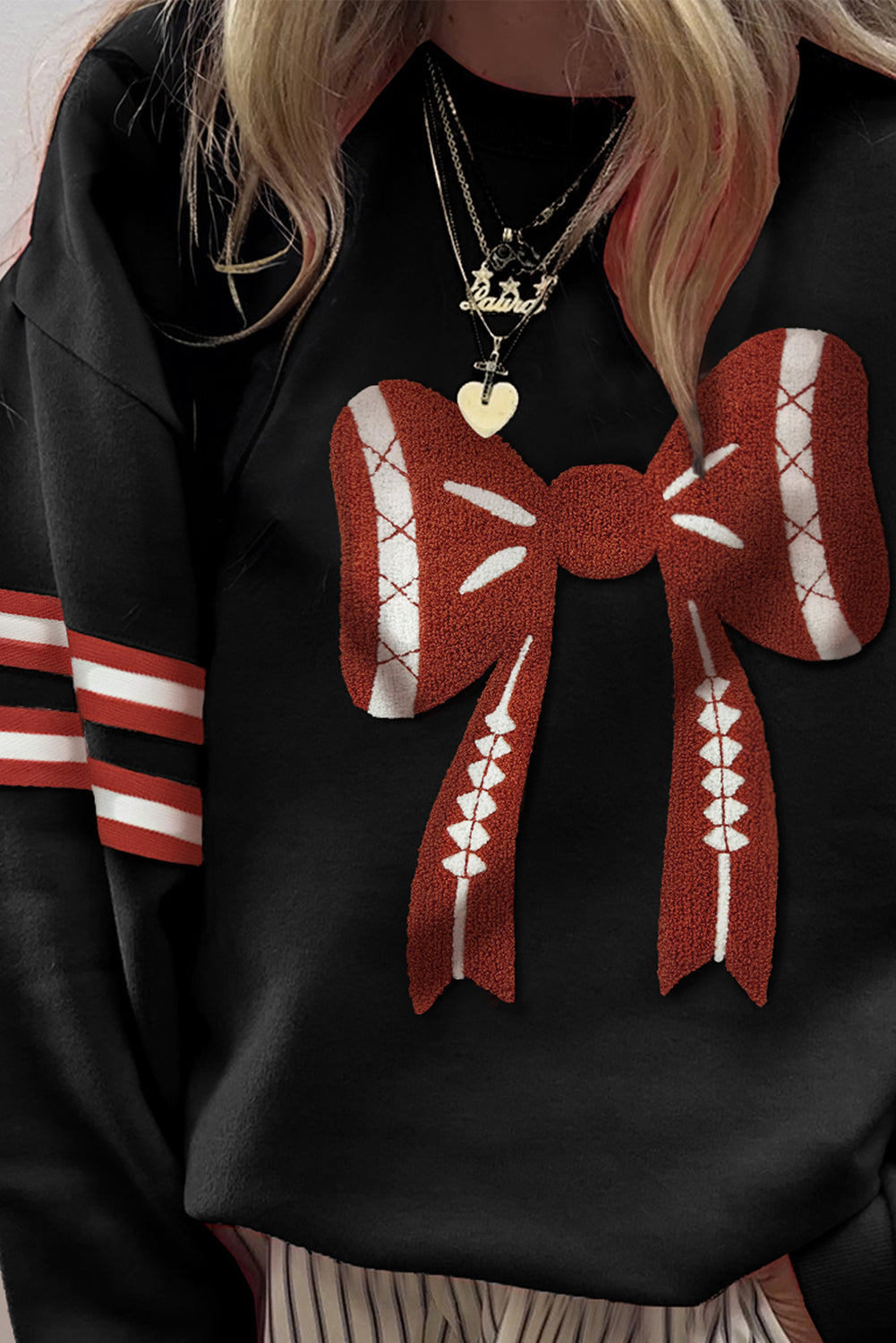 Baseball Bow Graphic Striped Sleeve Baggy Sweatshirt
