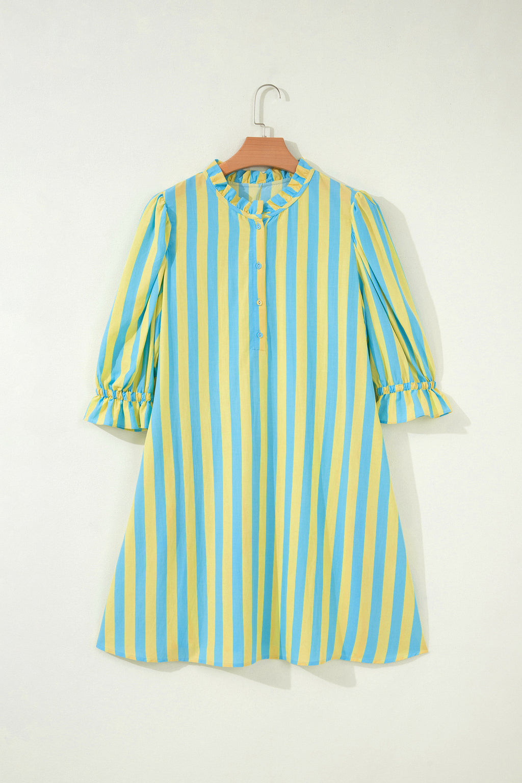 Red Stripe Half Button Puff Sleeve Loose Mini Dress
