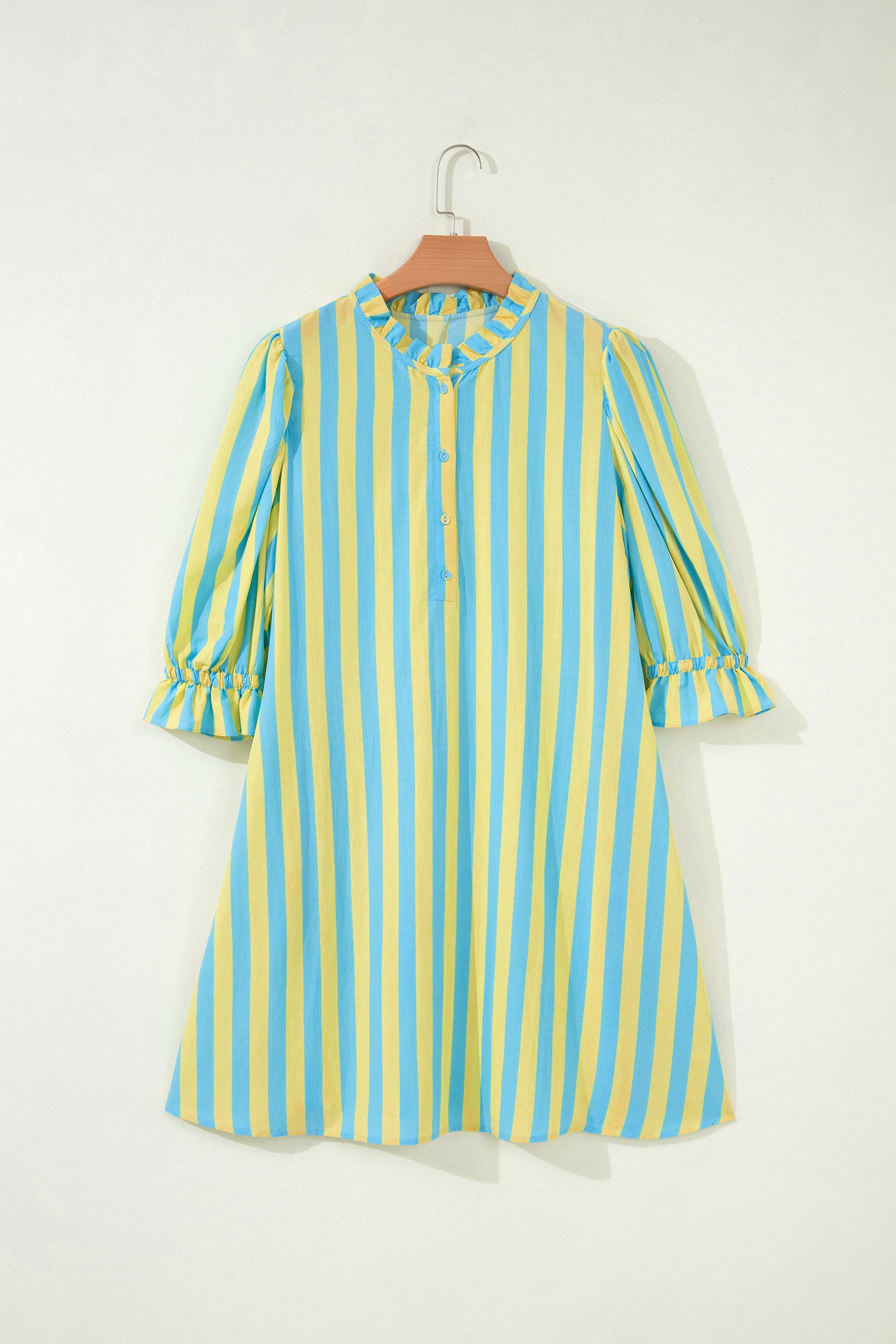 Red Stripe Half Button Puff Sleeve Loose Mini Dress