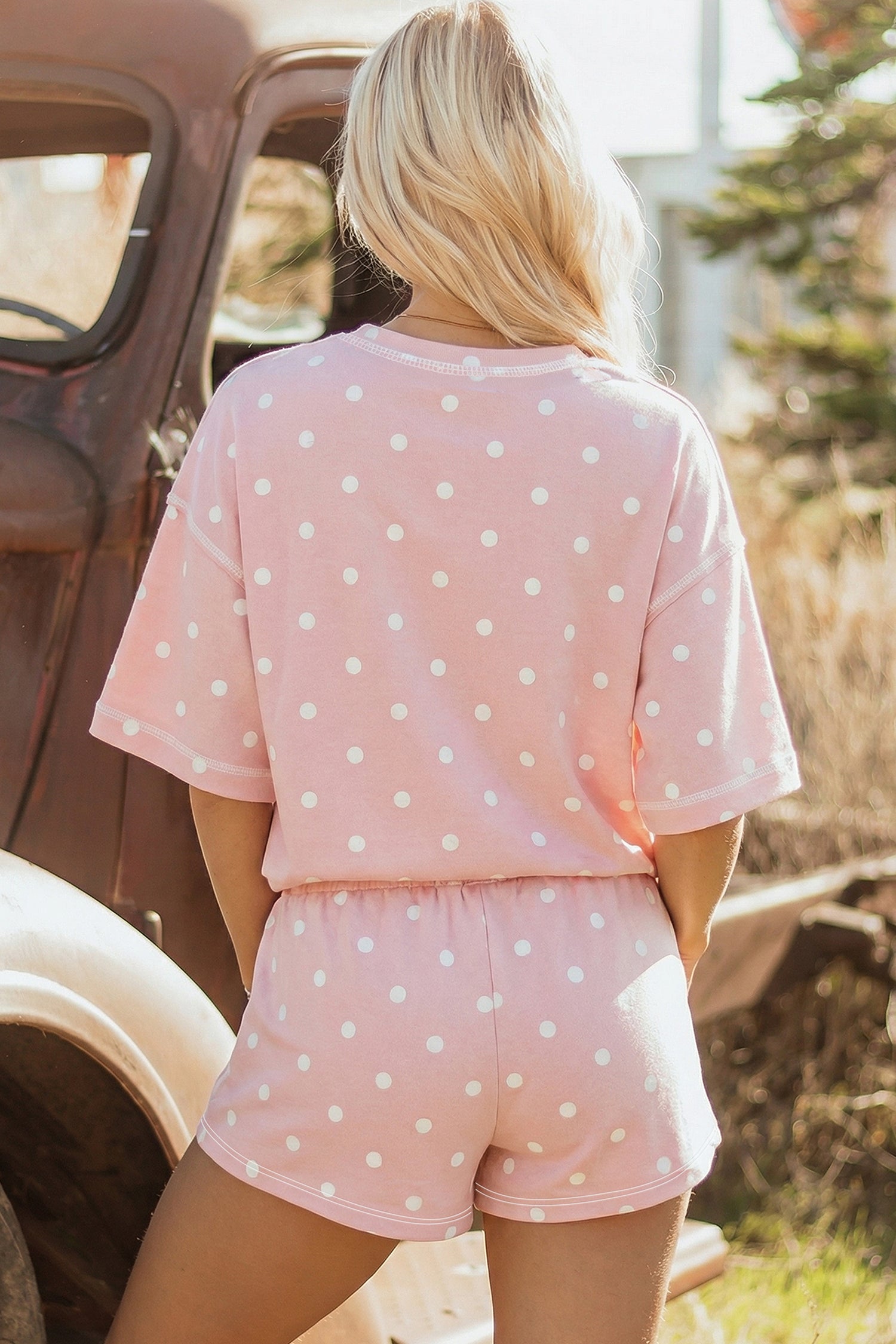 Yellow Exposed Seam Detail Polka Dot Loose Tee Drawstring Shorts Set