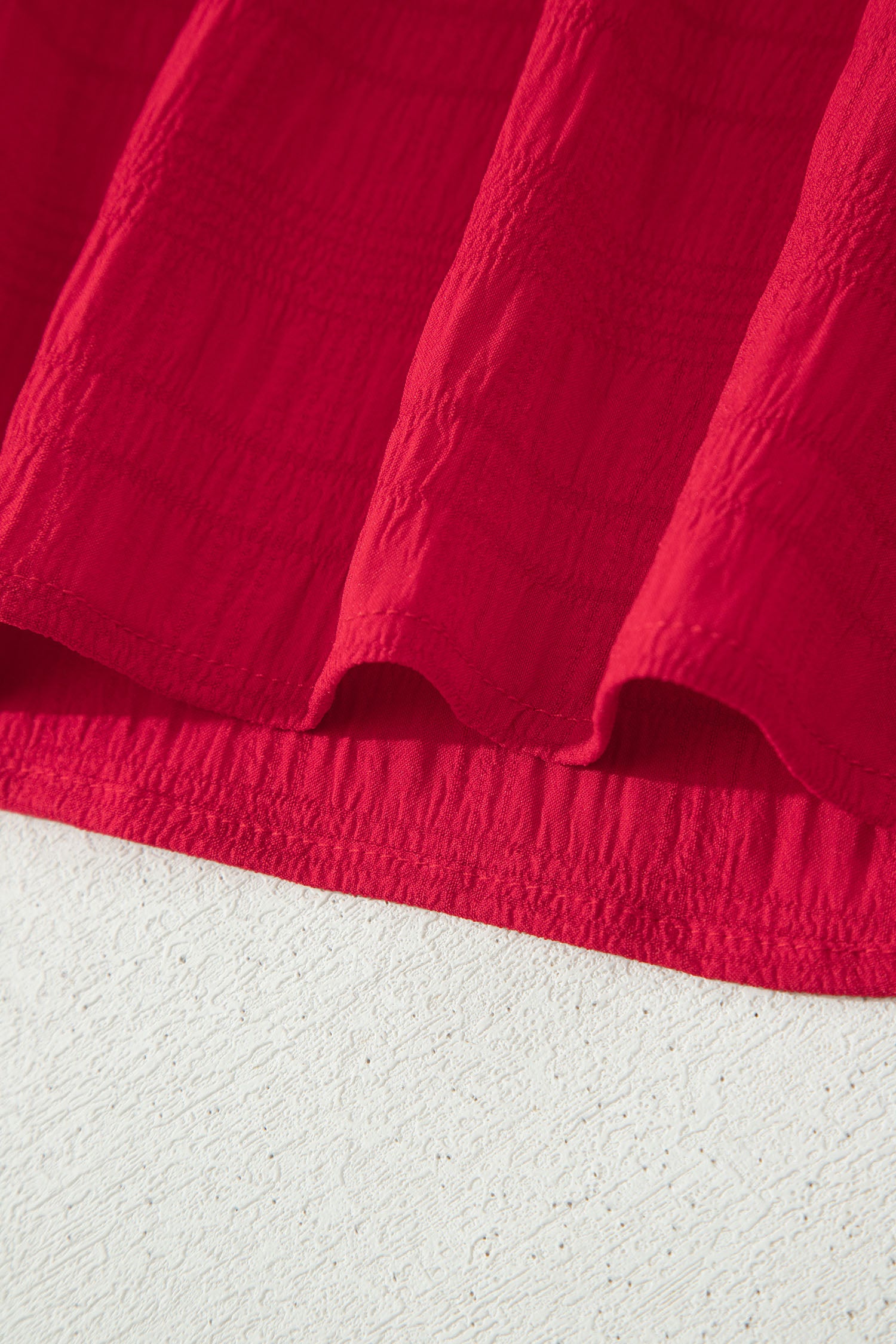 Fiery Red Textured Square Neck Top and Shirred High Waist Shorts Set
