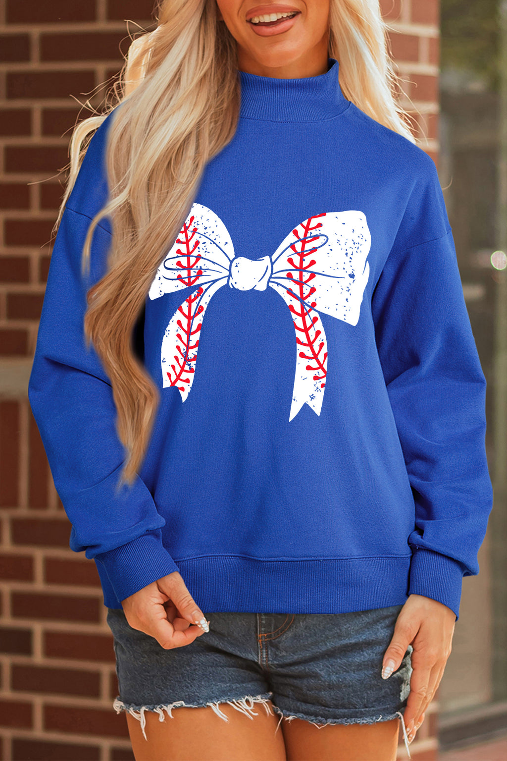 Baseball Large Bow Mock Neck Sweatshirt