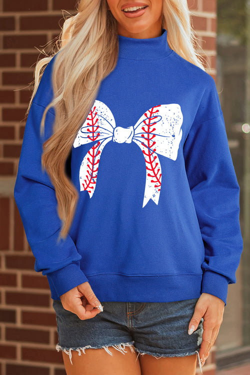 Baseball Large Bow Mock Neck Sweatshirt
