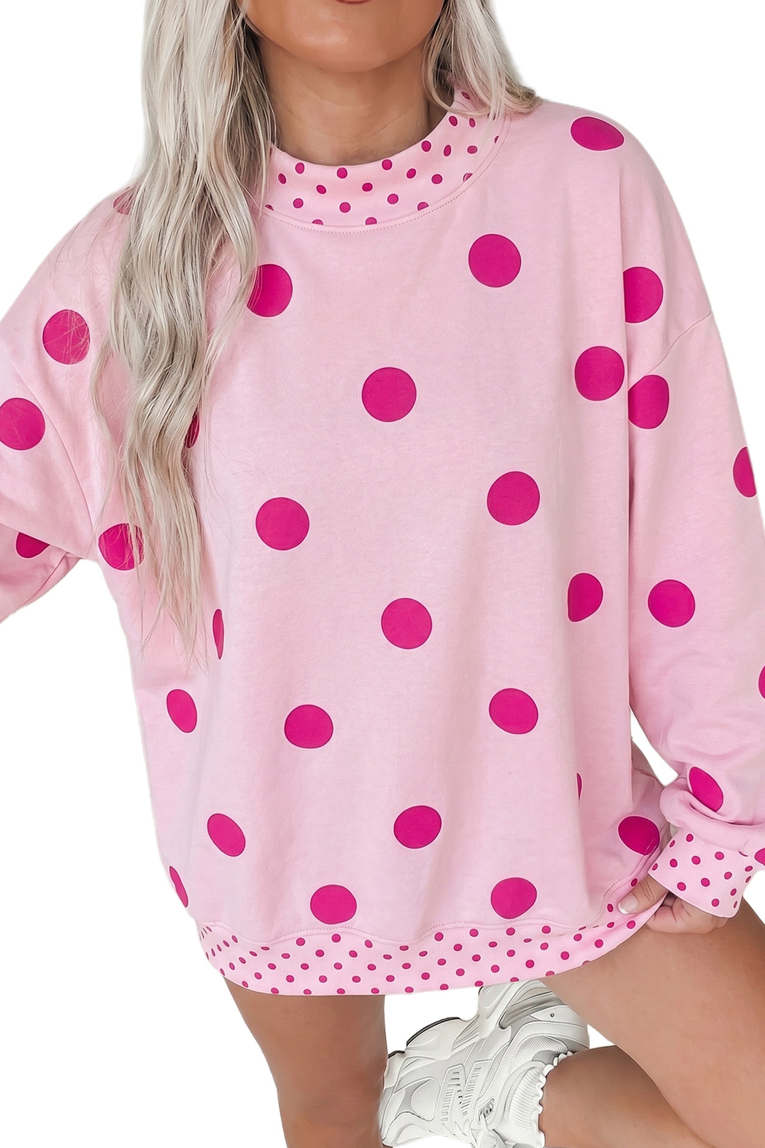 Red Polka Dot Print Contrast Detail Oversized Tunic Sweatshirt
